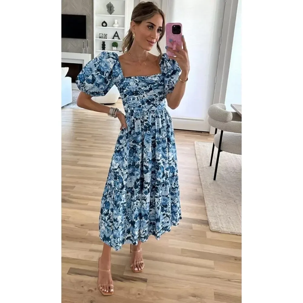 Abercrombie & Fitch Womens Blue Floral Smocked Puff Sleeve Fit & Flare Dress XST
